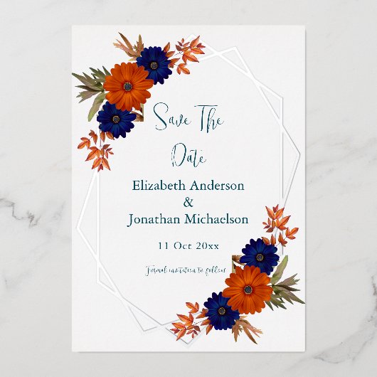 Rustikaler Herbst Orange Navy Blau Save the Date Folieneinladung (Vorderseite)