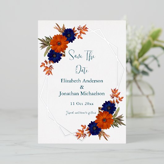 Rustikaler Herbst Orange Navy Blau Save the Date Folieneinladung (Stehend vorne)