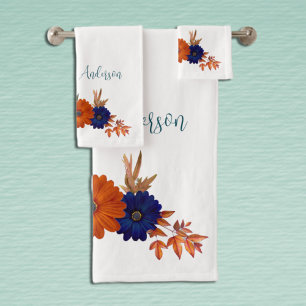 Rustikaler Herbst Orange Navy Blauer Flora Badhandtuch Set