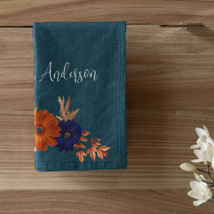 Rustikaler Herbst Orange Navy Blauer Flora Badhandtuch Set