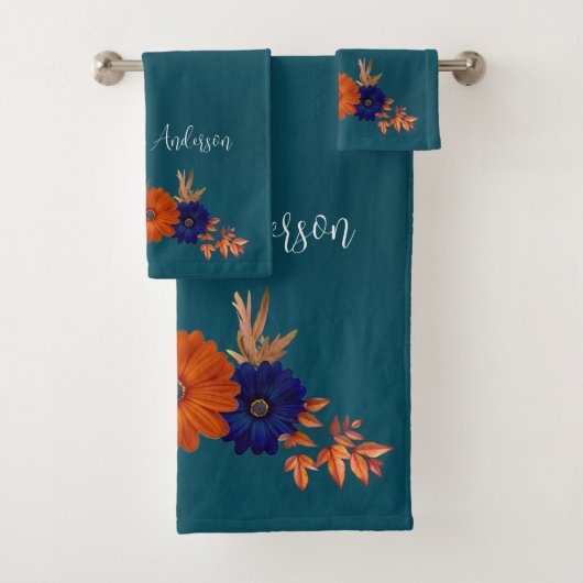 Rustikaler Herbst Orange Navy Blauer Flora Badhandtuch Set (Insitu)