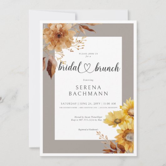 Rustikaler Herbst Sonnenblume Taupe Weißer Brunch Einladung (Vorderseite)
