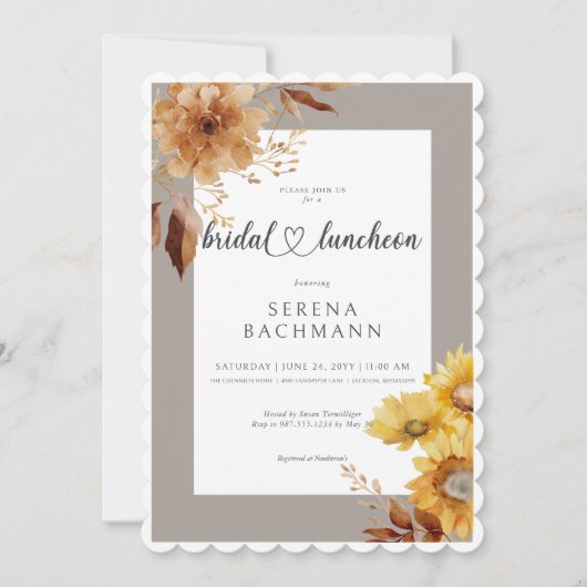 Rustikaler Herbst Sonnenblumen Taupe Weißer Baden Einladung (Vorderseite)