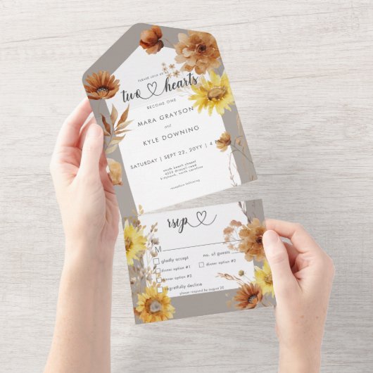 Rustikaler Herbst Sonnenblumen Taupe & Weißes Aben All In One Einladung (Abreißen)