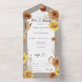 Rustikaler Herbst Sonnenblumen Taupe & Weißes Aben All In One Einladung (Innen Boden)