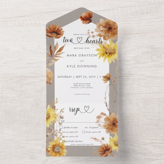 Rustikaler Herbst Sonnenblumen Taupe & Weißes Aben All In One Einladung (Innen Boden)