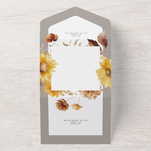 Rustikaler Herbst Sonnenblumen Taupe & White Detai All In One Einladung (Außenbereich)