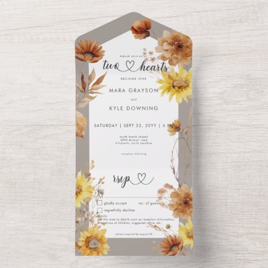 Rustikaler Herbst Sonnenblumen Taupe & White Detai All In One Einladung (Innen Boden)