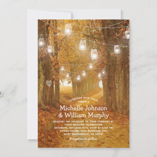 Rustikaler Herbst verlässt Mason Jar Lights Hochze Einladung (Vorderseite)