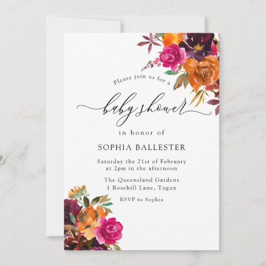 Rustikaler Herbst Wasserfarbe Blumendusche Einladung (Vorderseite)