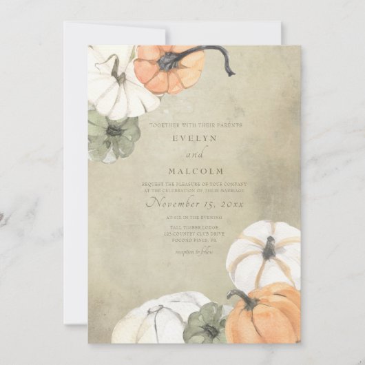 Rustikaler Herbst Weißer Herbst, Orange Pumpkins H Einladung (Vorderseite)