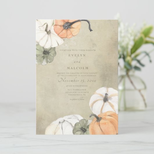 Rustikaler Herbst Weißer Herbst, Orange Pumpkins H Einladung (Stehend Vorderseite)