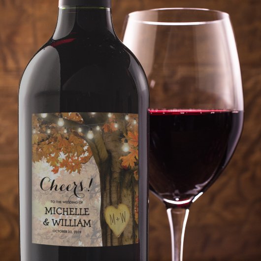 Rustikaler Herbstbaum jubelt auf Hochzeit Weinetikett