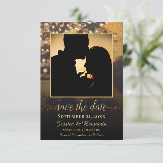 Rustikaler Herbstbaum mit Foto Hochzeit Save The Date (Stehend Vorderseite)