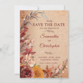 Rustikaler Herbstblutburgund Amber Amber Floral Save The Date (Vorderseite)