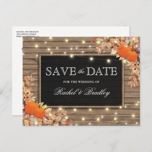 Rustikaler Herbstfall Pumpkin Save the Date Ankündigungspostkarte (Vorne/Hinten)