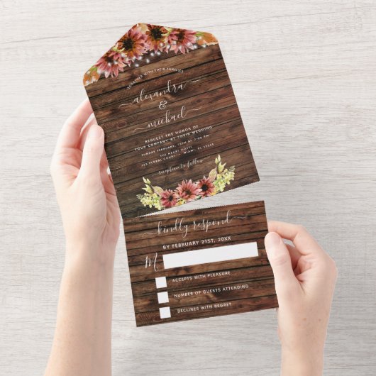 Rustikaler Herbstfall Sonnenblumen Hochzeit RSVP All In One Einladung (Abreißen)