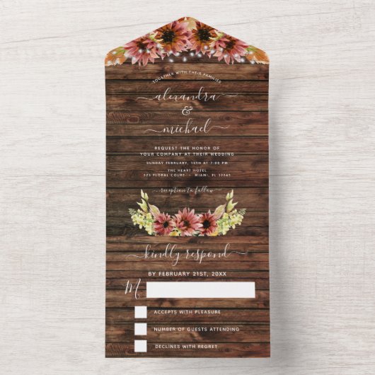 Rustikaler Herbstfall Sonnenblumen Hochzeit RSVP All In One Einladung (Innen Boden)