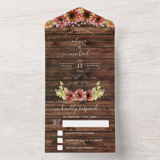 Rustikaler Herbstfall Sonnenblumen Hochzeit RSVP All In One Einladung (Innen Boden)
