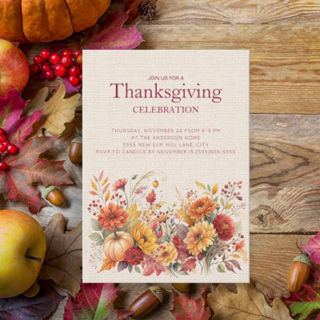 Rustikaler Herbstflorenstoff Erntedank (Autumn floral Thanksgiving Dinner invitation)