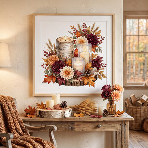 Rustikaler Herbstkerzen-Blumen-Tischschmuck Poster