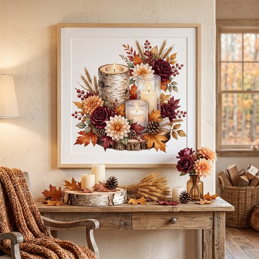 Rustikaler Herbstkerzen-Blumen-Tischschmuck Poster