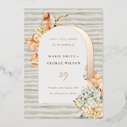 Rustikaler Herbstkürbis Arena Save the Date Folieneinladung (Vorderseite)