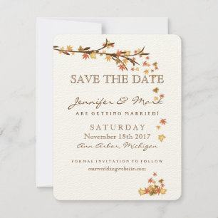 Rustikaler Herbstlaub, der Save the Date Wedding
