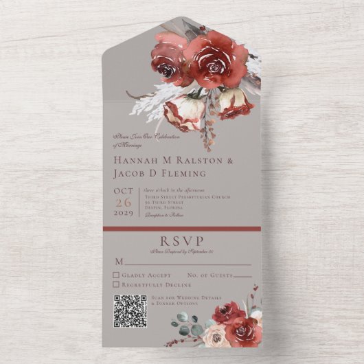 Rustikaler Herbstrost Blütengrau QR-Code All In One Einladung (Innen Boden)