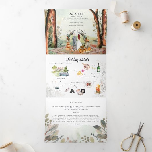 Rustikaler Herbstwald | Boho Wedding Dreifach Gefaltete Einladung (Innenseite)