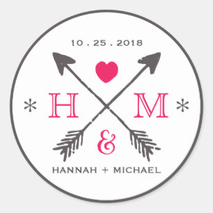 Rustikaler Herz-und-Pfeil-Monogramm-Hochzeitsaufkl Runder Aufkleber