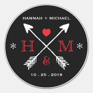 Rustikaler Herzpfeil-Monogramm-Hochzeitsaufkleber Runder Aufkleber