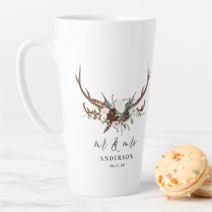 Rustikaler Hirsch-Aquarell-Blumen-Hochzeit Mr und Milchtasse