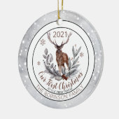 Rustikaler Hirsch bucht unsere erste Weihnachtsfam Keramik Ornament (Links)