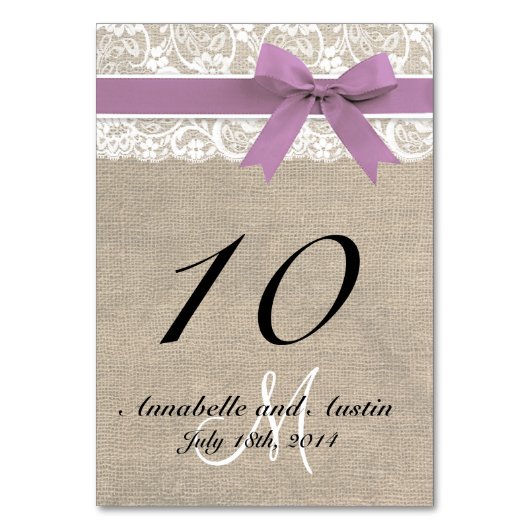 Rustikaler Hochzeitskartenlavender Spitzenklasse Tischnummer (Rückseite)