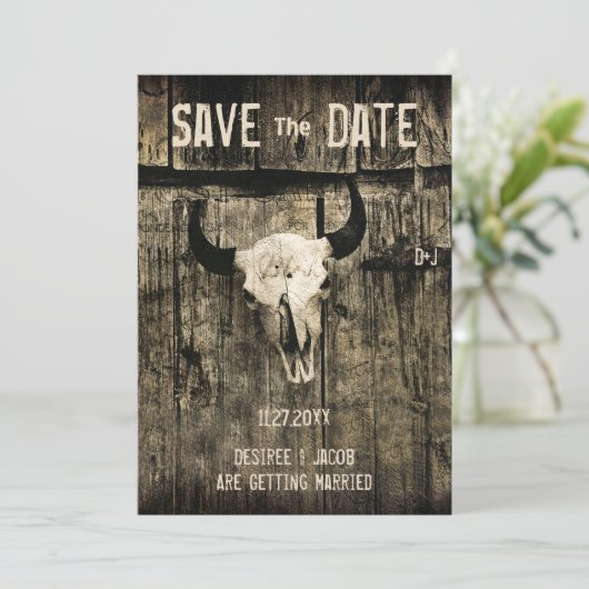 Rustikaler Hochzeitskull-Western Save the Date (Stehend Vorderseite)