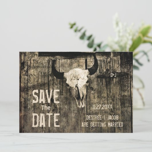 Rustikaler Hochzeitskull-Western Save the Date (Stehend Vorderseite)