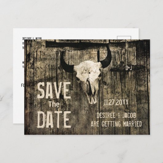 Rustikaler Hochzeitskull-Western Save the Date Ankündigungspostkarte (Vorne/Hinten)