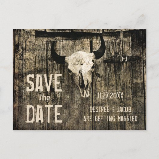 Rustikaler Hochzeitskull-Western Save the Date Ankündigungspostkarte (Vorderseite)