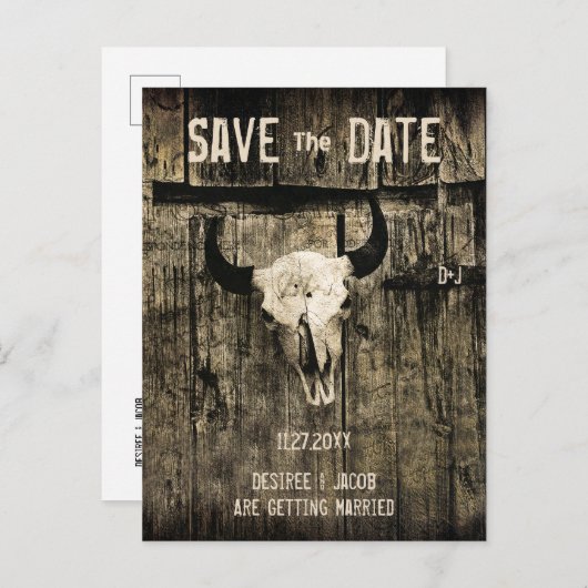 Rustikaler Hochzeitssender Western Bull Skull Save Ankündigungspostkarte (Vorne/Hinten)