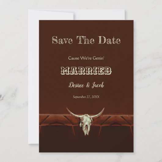 Rustikaler Hochzeitssender Western Bull Skull Save The Date (Vorderseite)