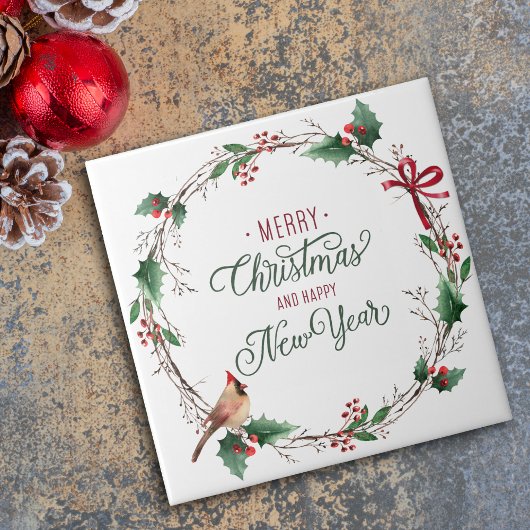 Rustikaler Holly Berry Wreath mit Bird Holiday Fliese