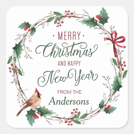 Rustikaler Holly Berry Wreath mit Bird Personalisi Quadratischer Aufkleber (Vorderseite)