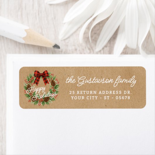 Rustikaler Holly Wreath Red Black Checkered Bow (Insitu)