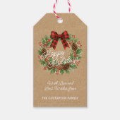 Rustikaler Holly Wreath Red Black Checkered Bow Geschenkanhänger (Vorderseite)