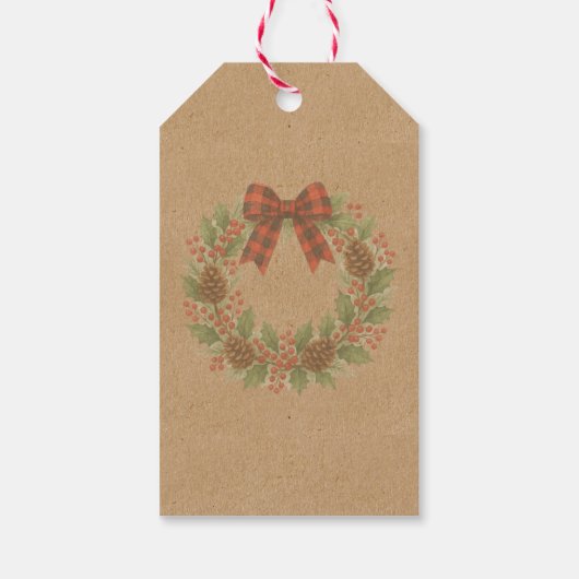 Rustikaler Holly Wreath Red Black Checkered Bow Geschenkanhänger (Rückseite)