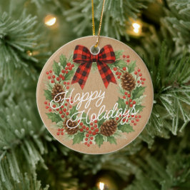 Rustikaler Holly Wreath Red Black Checkered Bow Keramik Ornament