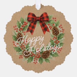 Rustikaler Holly Wreath Red Black Checkered Bow Ornament Karte