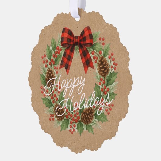 Rustikaler Holly Wreath Red Black Checkered Bow Ornament Karte (Links)