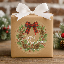 Rustikaler Holly Wreath Red Black Checkered Bow Runder Aufkleber